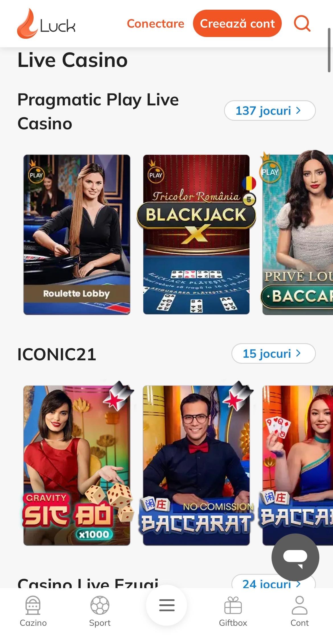 Secțiunea live casino Luck Casino cu mese de ruletă, blackjack și baccarat