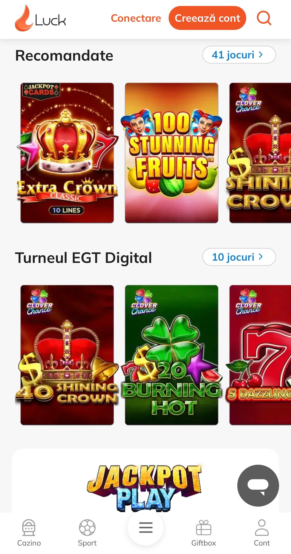 Lobby-ul de sloturi Luck Casino cu filtre pe categorii și furnizori