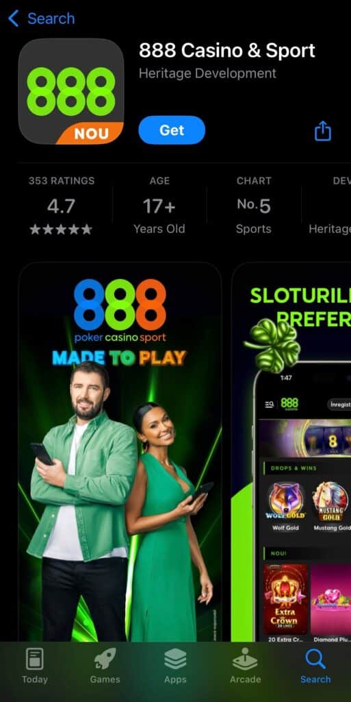 ecran principal aplicatie 888 Casino cu jocuri