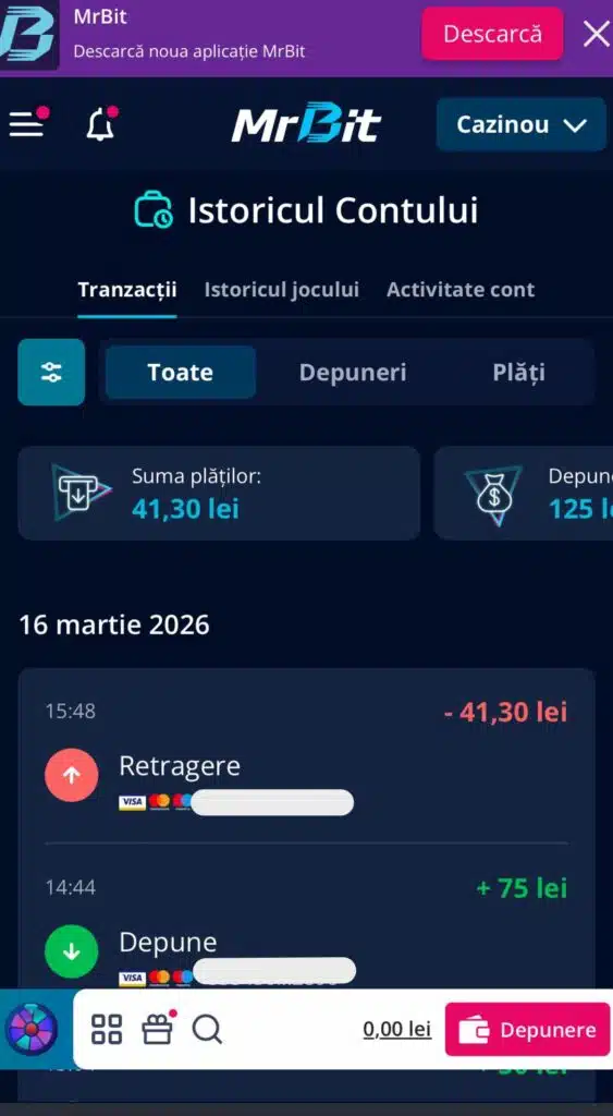 Cerere retragere Mr Bit Casino - formular Mastercard cu suma 41,30 RON
