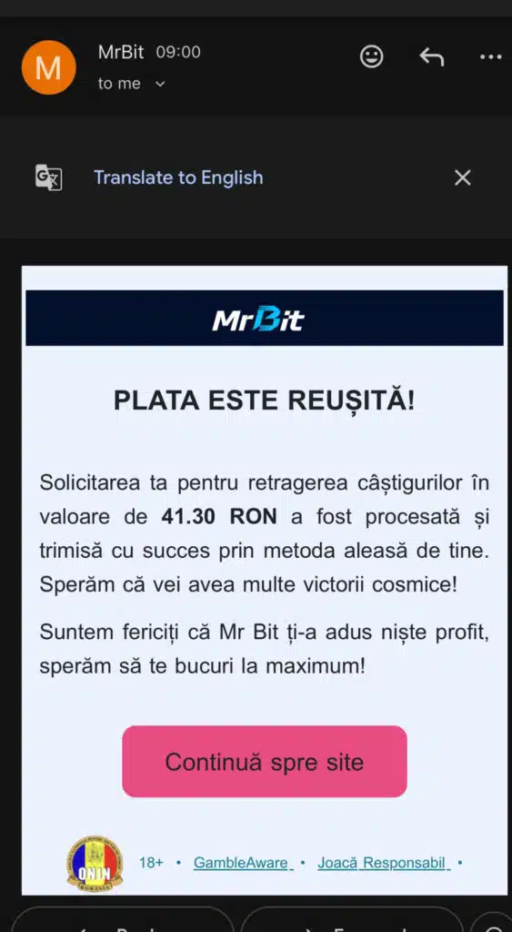 Confirmare retragere aprobată Mr Bit Casino - status procesată în cont