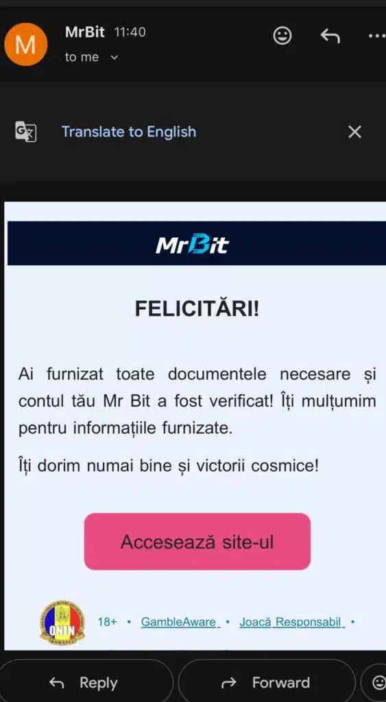 Confirmare verificare cont Mr Bit Casino - KYC aprobat în 12 minute