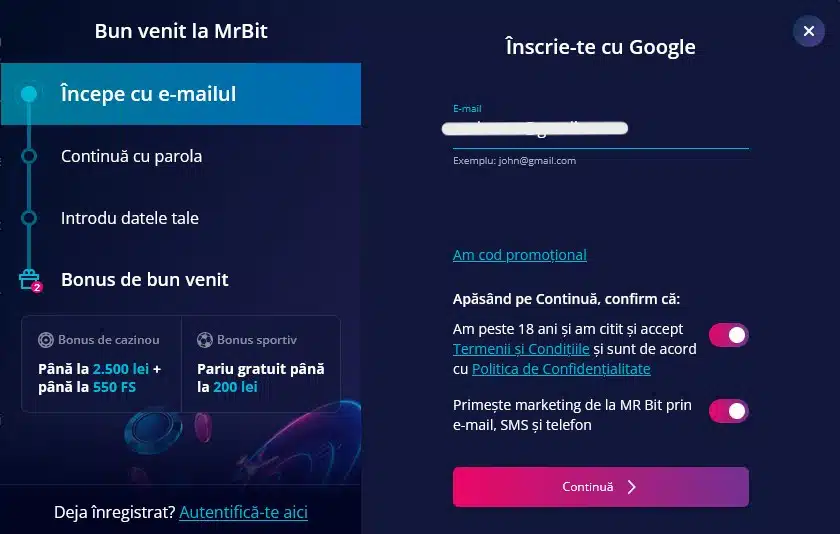 Înregistrare Mr Bit Casino - pas 1: completare email și parolă