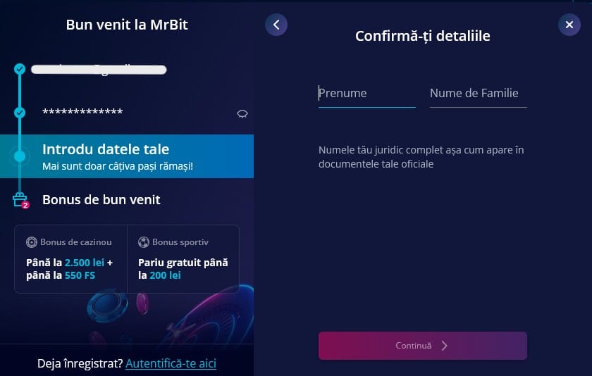 Înregistrare Mr Bit Casino - pas 4: completare nume și prenume
