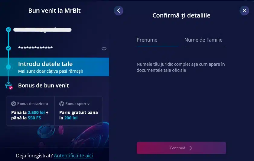 Înregistrare Mr Bit Casino - pas 4: completare nume și prenume