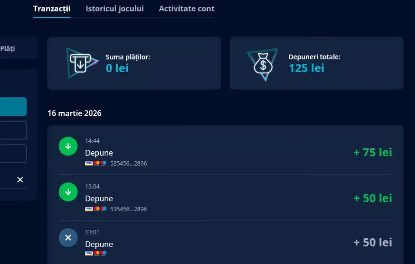 Istoric tranzacții Mr Bit Casino - depuneri confirmate instant pe Mastercard