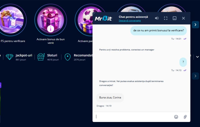 Live-chat Mr Bit Casino - interfață suport 24/7 disponibil în limba română