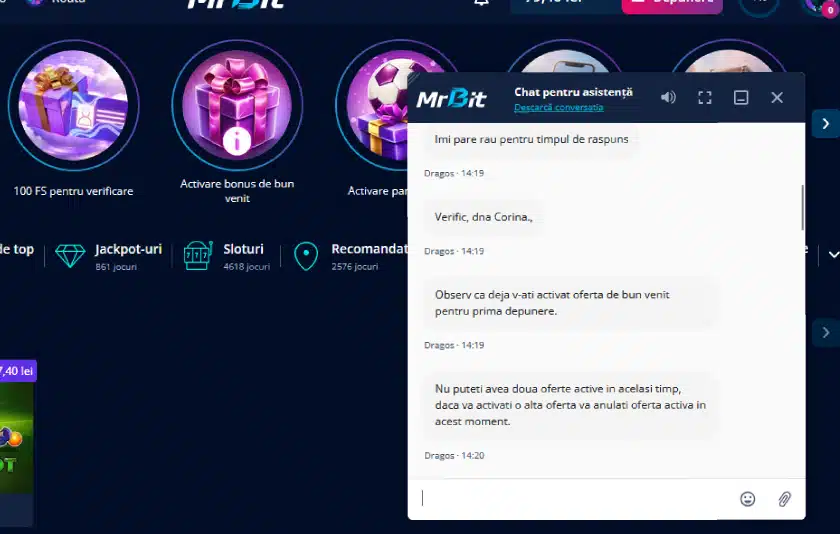 Conversație live-chat Mr Bit Casino - răspuns primit în 18 minute, în română