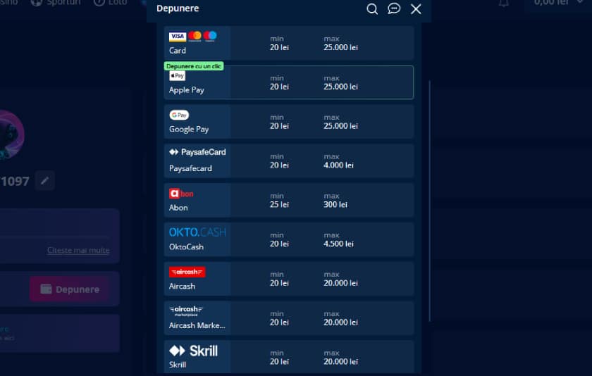 Metode de depunere Mr Bit Casino - cashier cu toate opțiunile disponibile: card, Apple Pay, Google Pay, Aircash, Skrill
