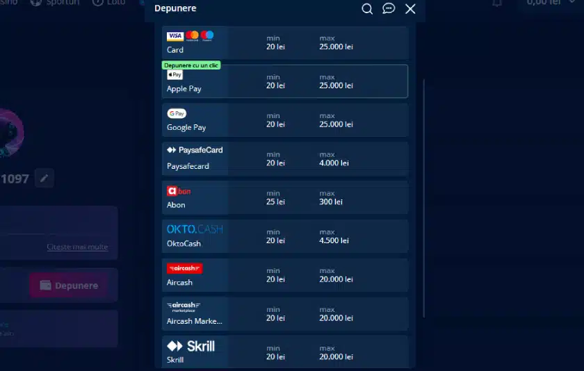 Metode de depunere Mr Bit Casino - cashier cu toate opțiunile disponibile: card, Apple Pay, Google Pay, Aircash, Skrill