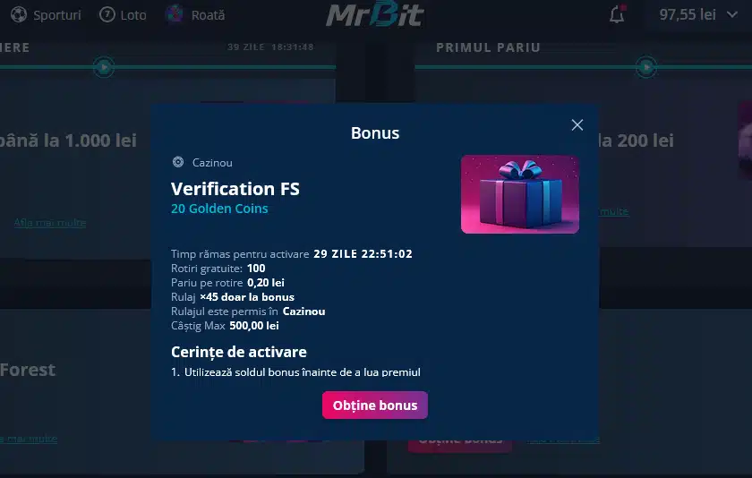 Bonus verificare cont Mr Bit Casino - 100 rotiri gratuite la 20 Golden Coins