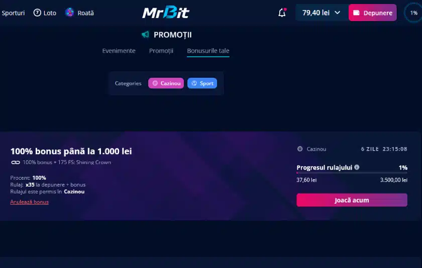 Progres rulaj bonus Mr Bit Casino - secțiunea Bonusurile mele cu status activ