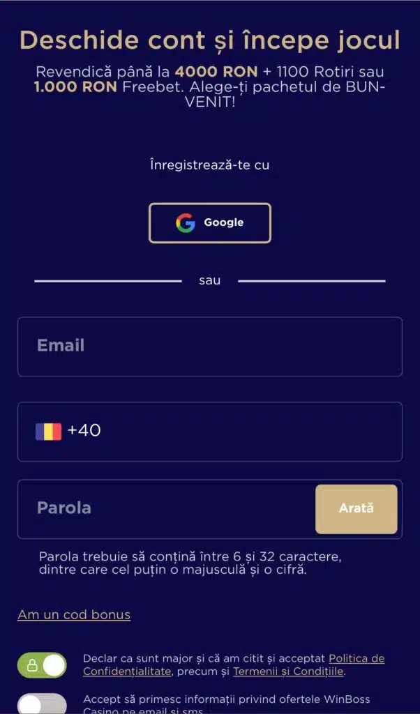 inregistrare winboss casino