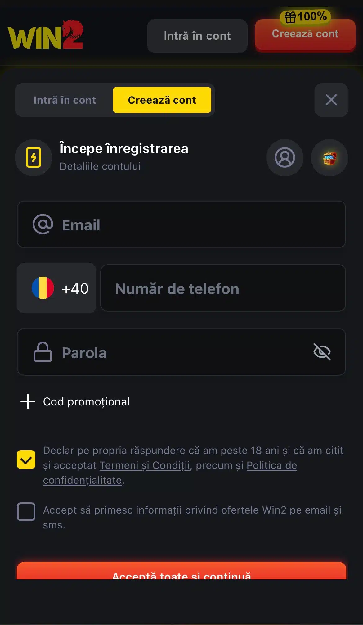 inregistrare win2 casino pas 1