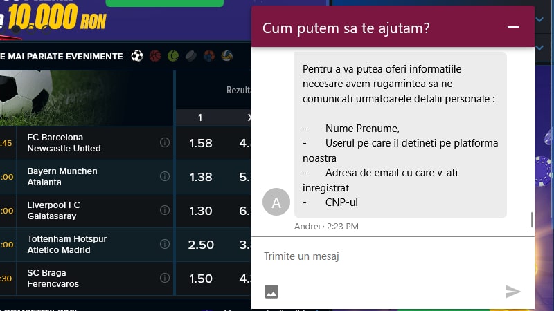 Răspuns operator suport live chat Mozzartbet la întrebarea despre bonus