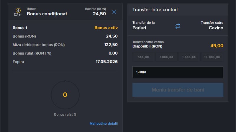 Progres rulaj bonus fără depunere în secțiunea Contul Meu, Mozzartbet