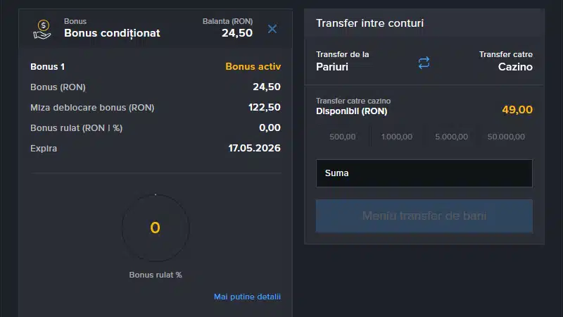 Progres rulaj bonus fără depunere în secțiunea Contul Meu, Mozzartbet