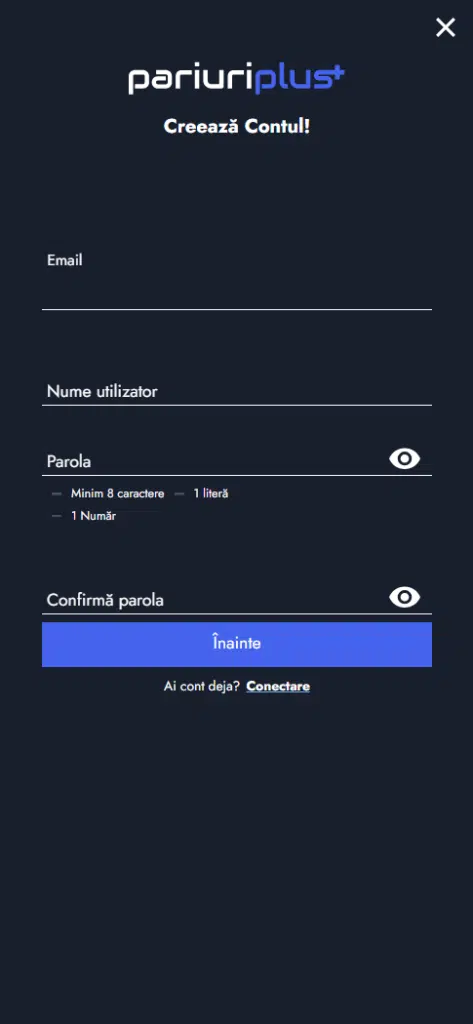 Creare cont PariuriPlus, pasul 2: introducere email și parolă