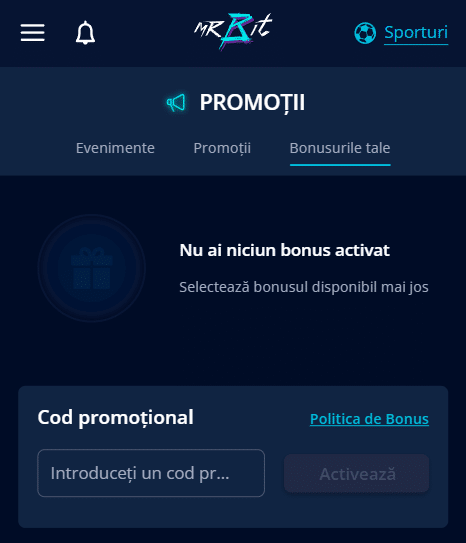 introdu codul promotional mrbit