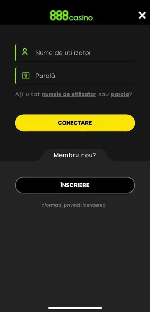 ecran de conectare cont 888 Casino pe mobil