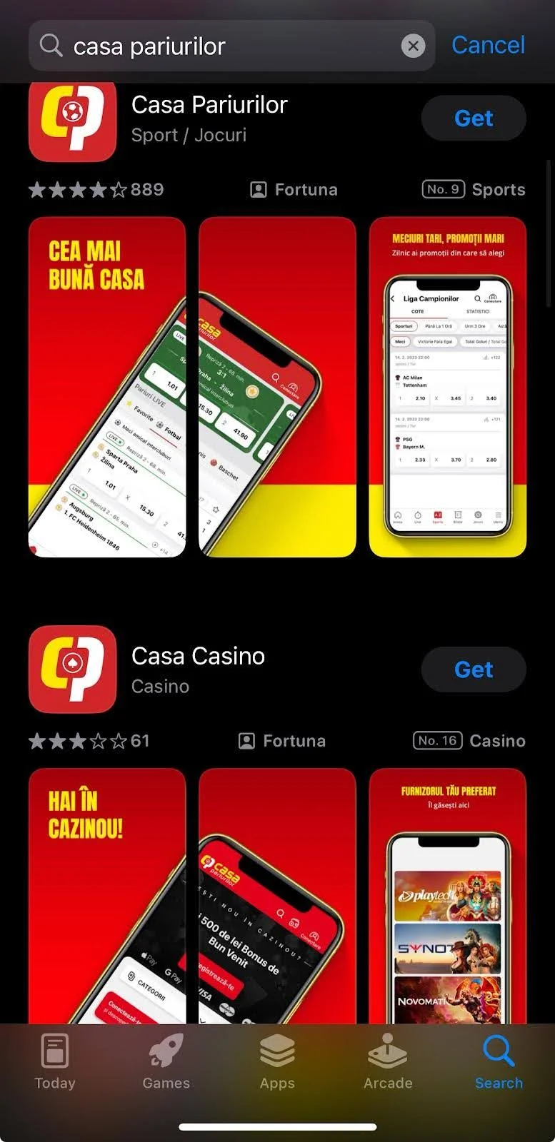 cauta casa pariurilor in app store sau play store