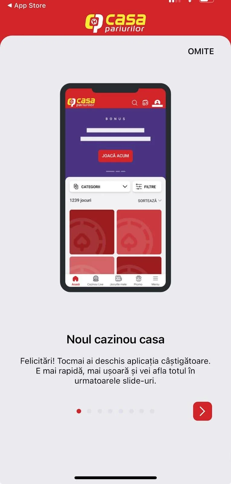 parcurge ghidul de bun venit la aplicația Casa Pariurilor