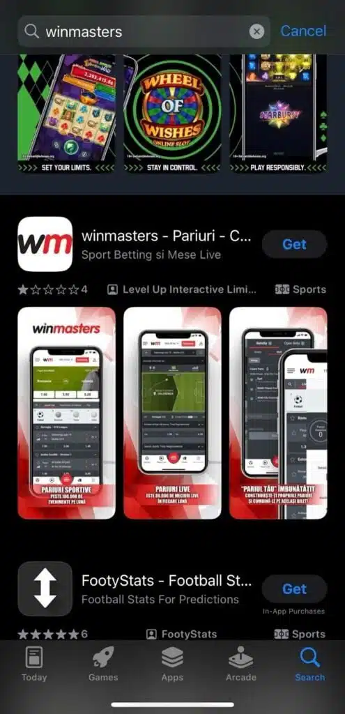 cautare aplicatie winmasters Pariuri si Casino in App Store