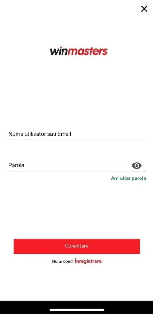 ecran de autentificare in aplicatia winmasters pe telefon