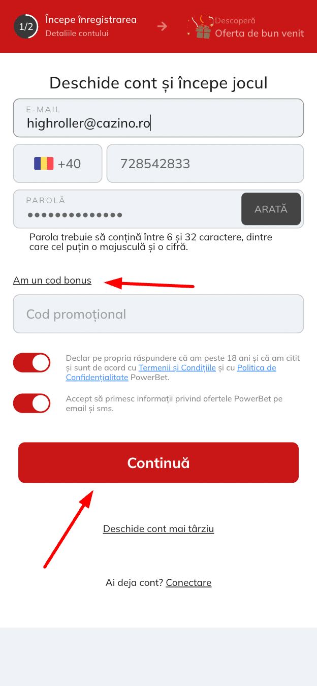 completeaza datele cerute si eventual codul promo