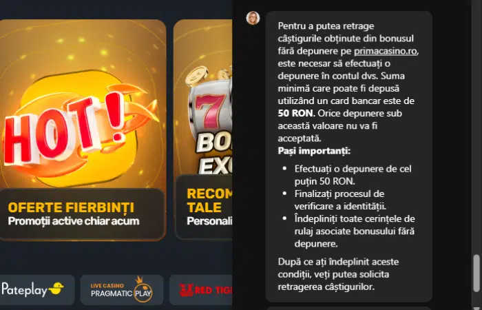Confirmare live chat Prima Casino: depunere minimă de 50 RON necesară înainte de prima retragere din bonus fără depunere