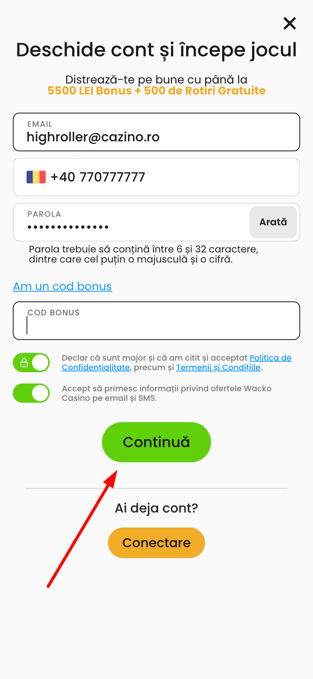introdu un cod bonus wacko, daca ai unul