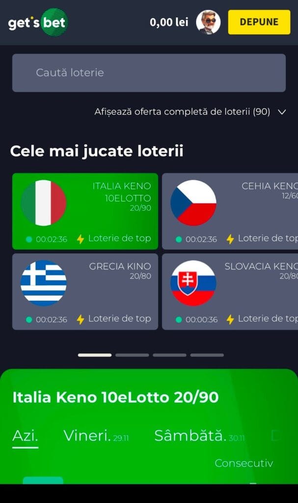 Pagina principală cu loterii populare și oferte.
