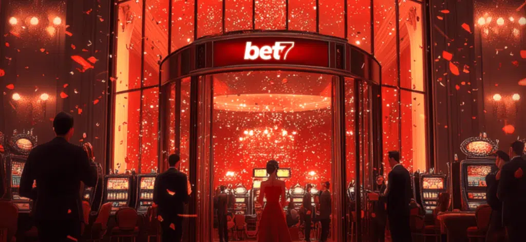 Interior cazino luxos cu lumini roșii strălucitoare