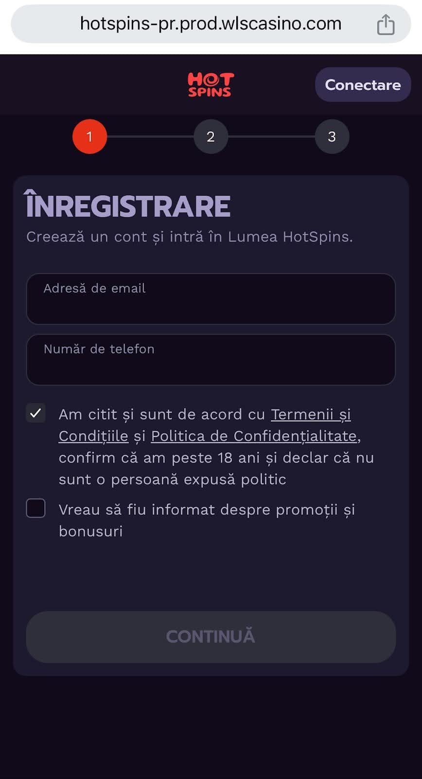 Formular înregistrare cont HotSpins.