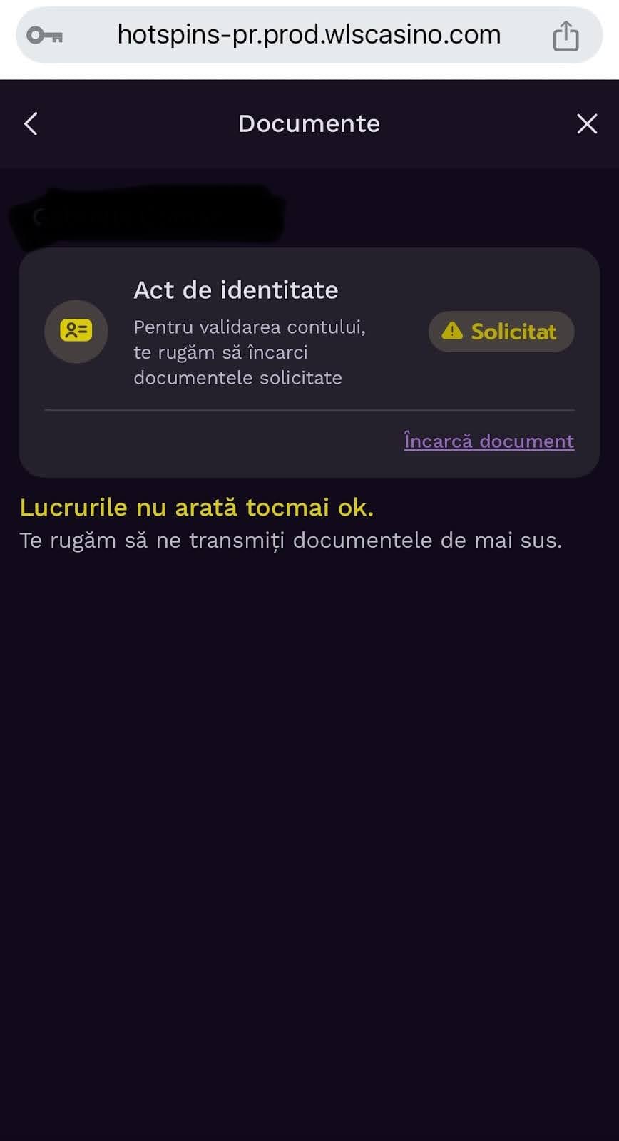 Mesaj solicitare încărcare documente pentru verificare cont hotspins.ro