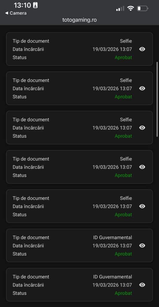 Documente KYC aprobate la TotoGaming: selfie și ID guvernamental, procesare în 3 minute (19.03.2026)