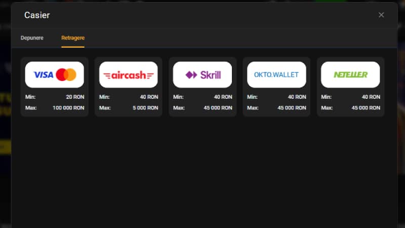 Metode retragere TotoGaming: VISA/Mastercard, Aircash, Skrill, Okto.wallet, Neteller cu limite minime și maxime