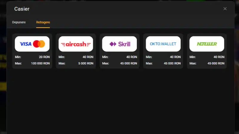 Metode retragere TotoGaming: VISA/Mastercard, Aircash, Skrill, Okto.wallet, Neteller cu limite minime și maxime
