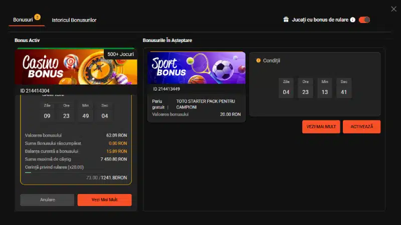 Progres rulaj bonus fără depunere TotoGaming: cerință 20x, sumă maximă de câștig 7.450 RON, pariu gratuit 20 RON în așteptare