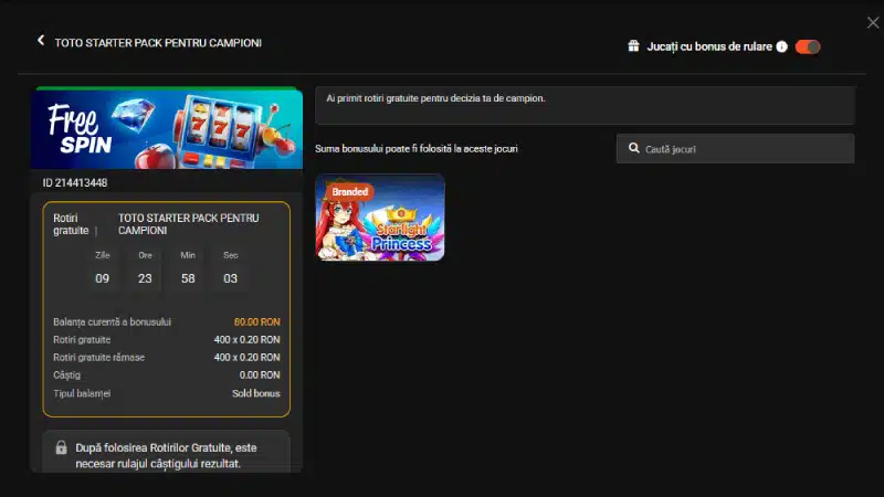 Bonusul fără depunere TotoGaming în cont: 400 rotiri gratuite la Starlight Princess, valoare 80 RON, rulaj 20x
