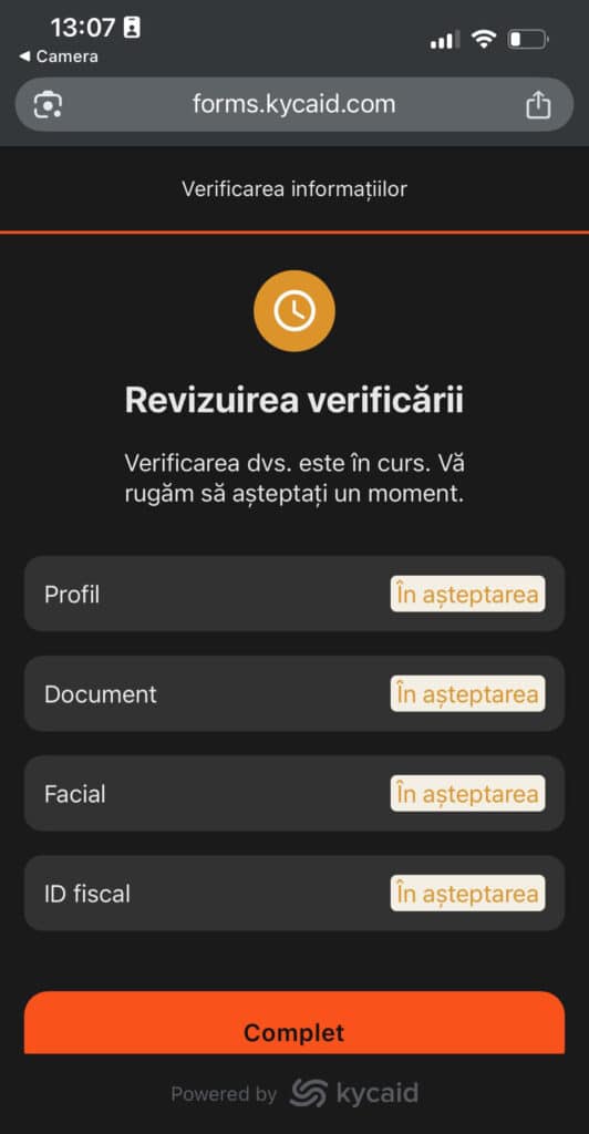 Verificare KYC TotoGaming pe mobil: profil, document, selfie și ID fiscal în curs de procesare