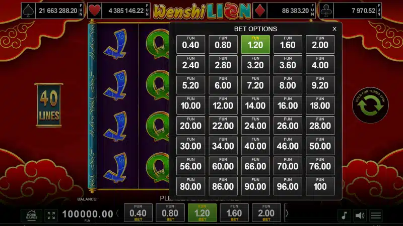 Setarea mizelor la Wenshi Lion - interval 0,40 până la 500 RON