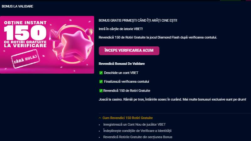 Oferta VBET casino cu 150 rotiri gratuite fără depunere la slotul Diamond Flash