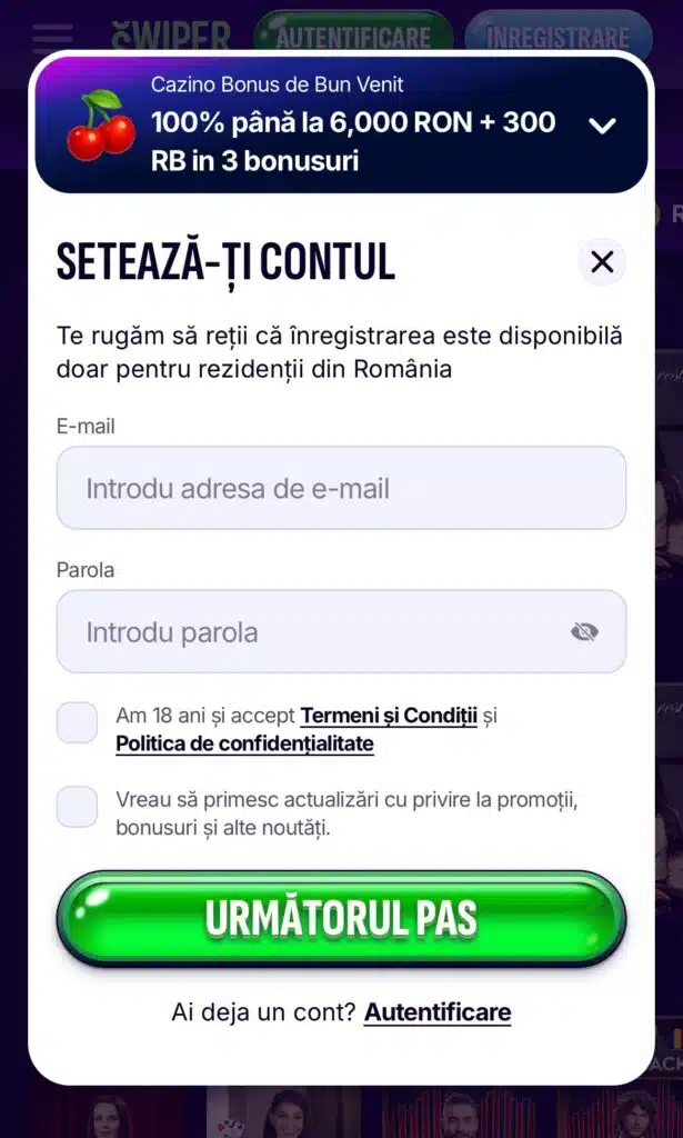 Înregistrare Swiper casino pasul 1: e-mail