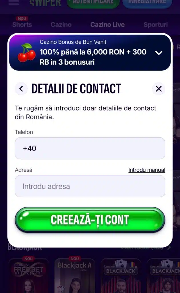 Înregistrare Swiper casino pasul 3: date contact
