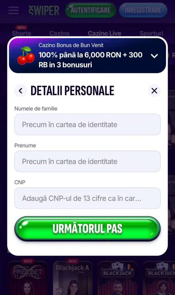 Înregistrare Swiper casino pasul 2: date personale