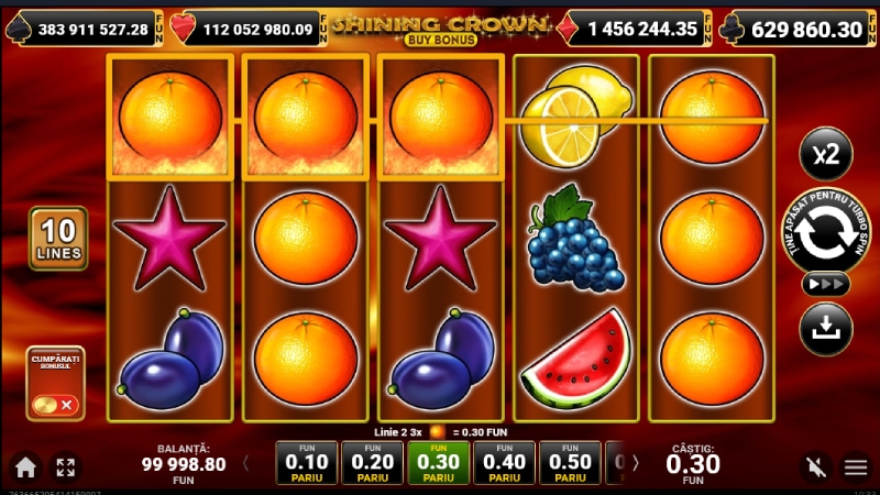 Shining Crown Buy Bonus în demo, cu butonul Cumpărați bonusul și miza de 0,30 FUN
