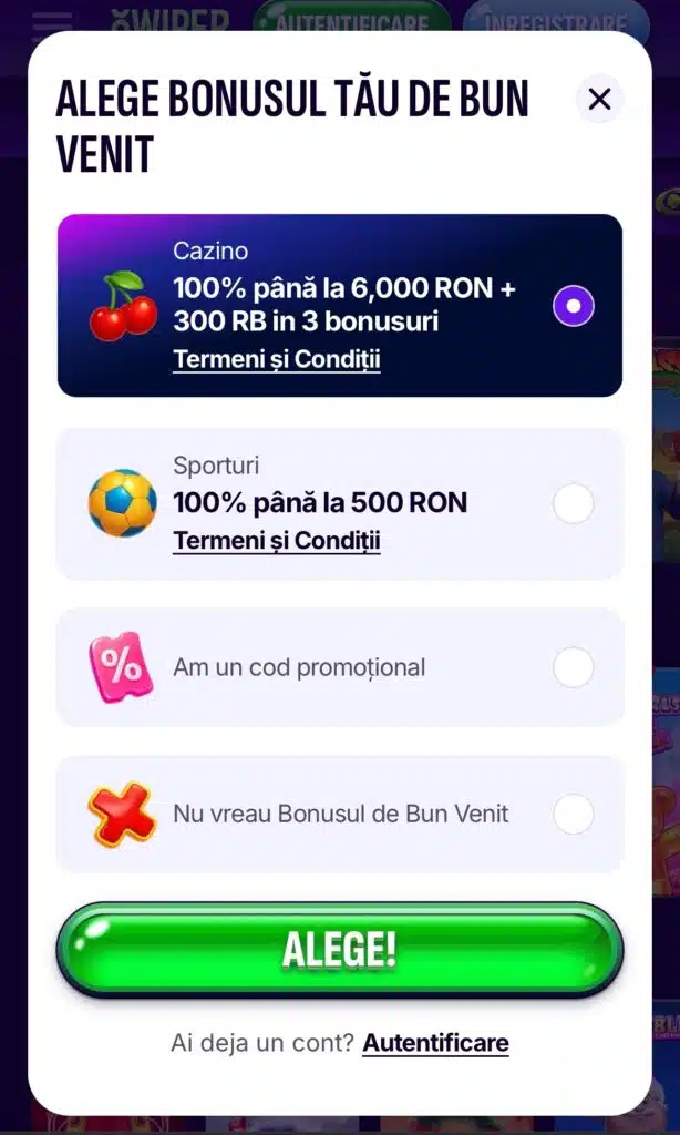 Selectarea bonusului de bun venit Swiper înainte de înregistrare