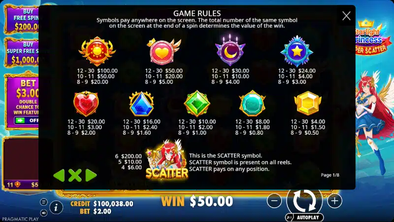 simboluri starlight princess super scatter