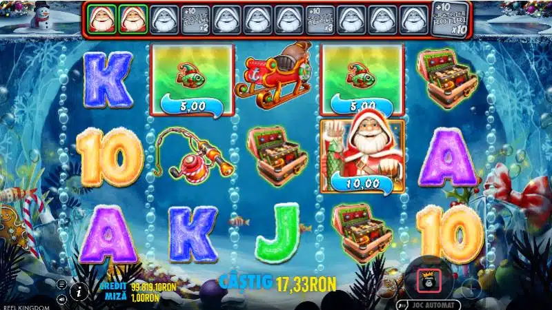 Rotiri gratuite Big Bass Christmas Frozen Lake wild pescar Mos Craciun colecteaza simboluri cu ban